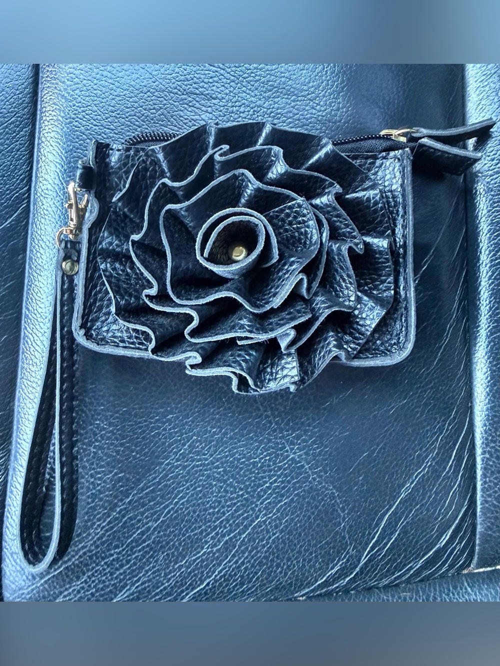 Vintage Jazza Black Faux Leather 3D Flower Rosette Wristlet Clutch Pouch